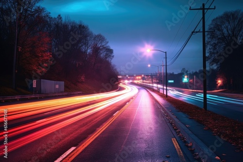 long exposure of busy highway with light trails, created with generative ai