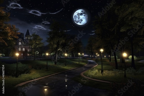 moonlit city park with illuminated walking paths, created with generative ai