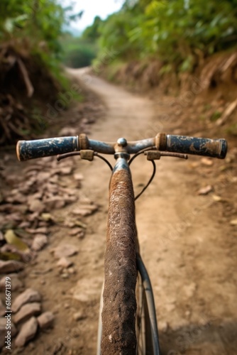detail of off-road bicycle handlebar on a dirt path, created with generative ai