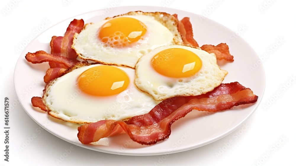 Fried eggs and bacon for breakfast isolated on white background Generative AI Fried eggs and bacon for breakfast isolated on white background Generative AI