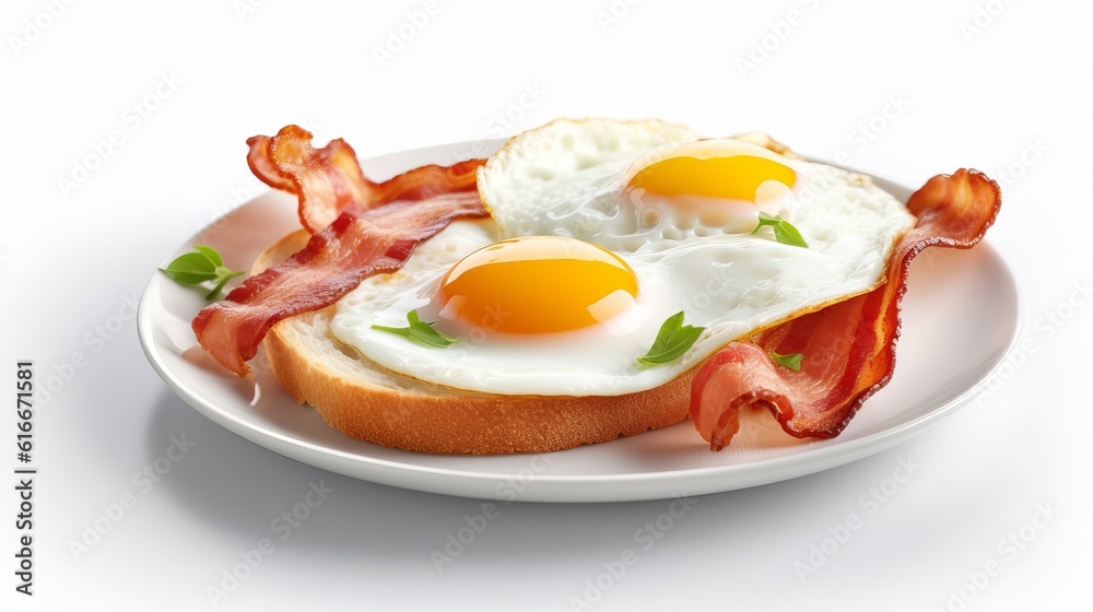 Fried eggs and bacon for breakfast isolated on white background Generative AI Fried eggs and bacon for breakfast isolated on white background Generative AI