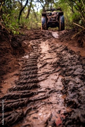 close-up of muddy off-road tires on a dirt trail, created with generative ai