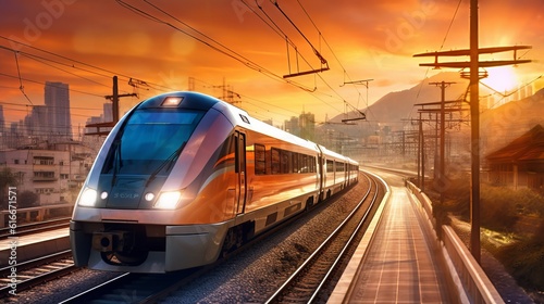 Electric passenger train drives at high speed among urban landscape Generative AI