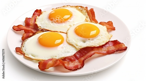 Fried eggs and bacon for breakfast isolated on white background Generative AI