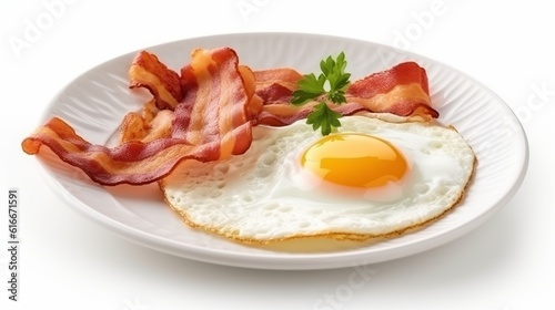 Fried eggs and bacon for breakfast isolated on white background Generative AI