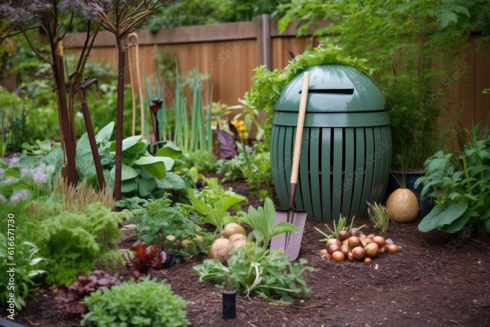 organic compost bin with gardening tools nearby, created with generative ai