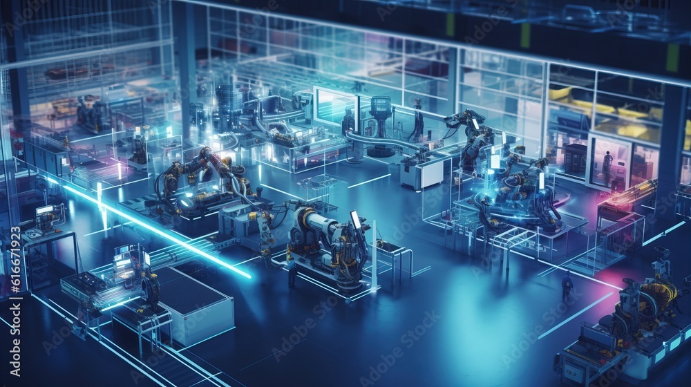 Obraz premium Industry. Smart factory interior showcases machines, efficient workstations, and automated production lines, optimizing the manufacturing process for improved performance. The concept of optimal work