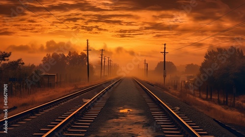 Orange sunset in low clouds over railroad Generative AI
