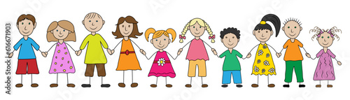 Group of happy kids hand drawn style. Color preschool children holding hands. Vector illustration