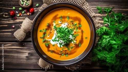 Pumpkin and carrot soup with cream and parsley on dark wooden background Top view Copy space Generative AI