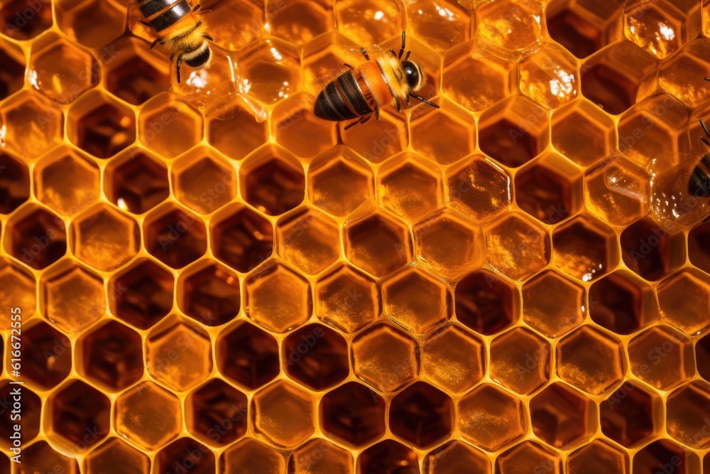 close-up of hexagonal honeycomb pattern with golden honey, created with generative ai