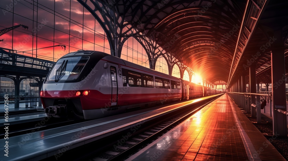 Beautiful railway station with modern red commuter train at suns Generative AI Beautiful railway station with modern red commuter train at suns Generative AI