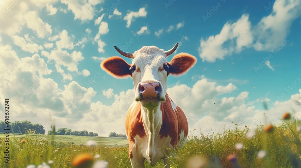 cow on the background of sky and green grass Generative AI