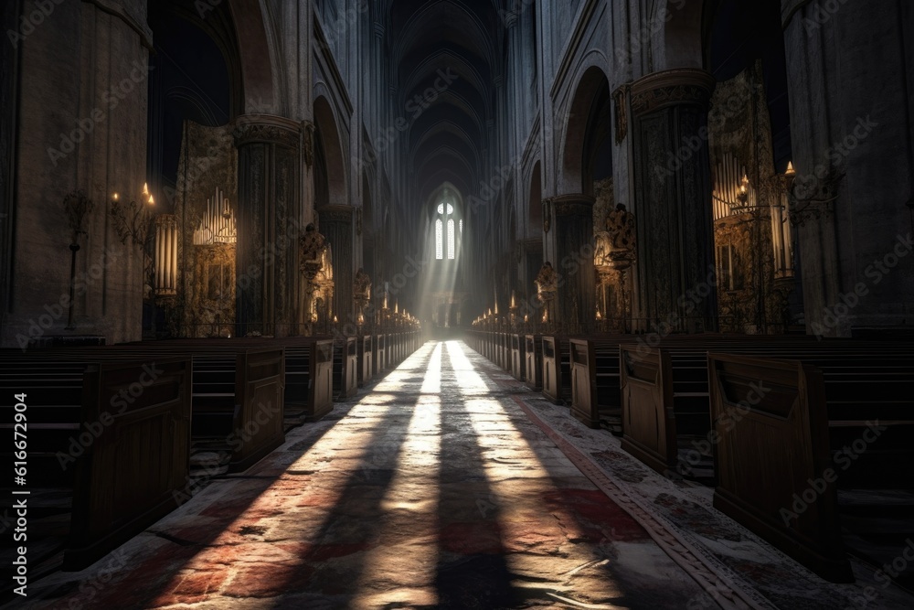 Obraz premium dimly lit cathedral aisle with dramatic shadows, created with generative ai