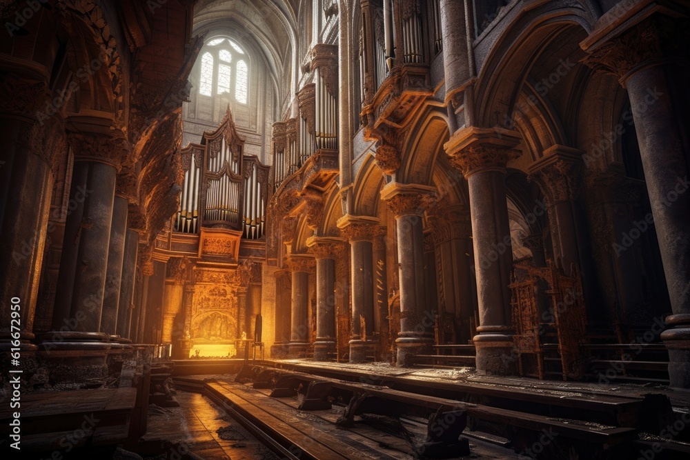 majestic pipe organ in a medieval cathedral setting, created with generative ai
