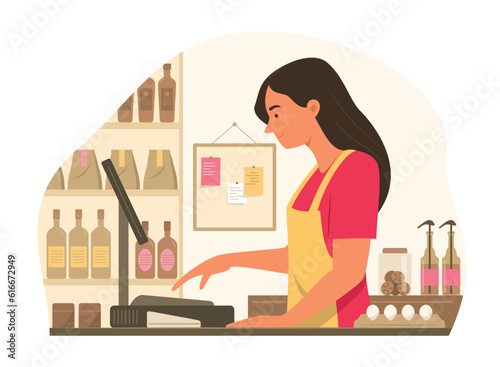 Shopkeeper Woman Working at Cashier Counter of Store