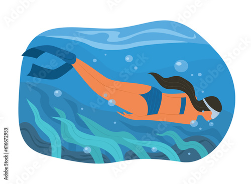 Woman Diving to Underwater for Snorkeling Concept Illustration