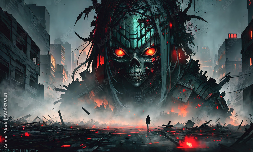 Naklejka premium Scary zombie in the city at night, halloween concept. Generative AI.