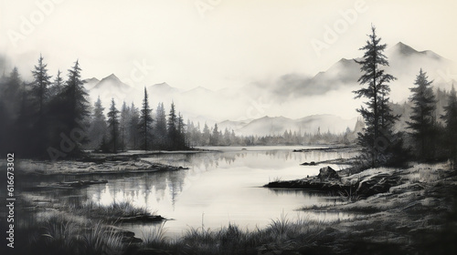 monochromatic, grayscale landscape depicting a morning in the forest with a lake in the center and some mountains in the background, etching technique