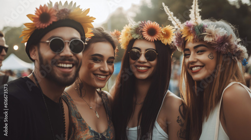 Diverse group of friends candidly enjoying a music festival, embodying the energy and vitality of live concert fun, millennials, generation z 