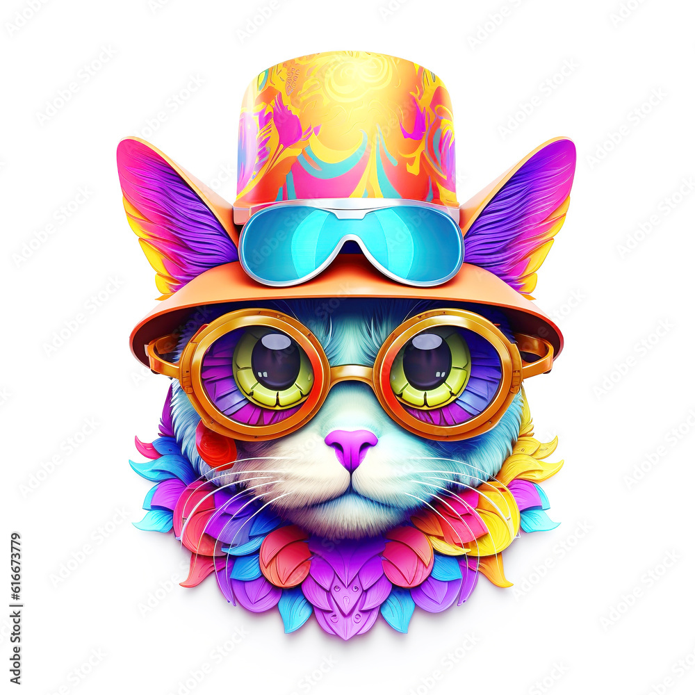Cartoon colorful cat in a hat and with sunglasses on white background.