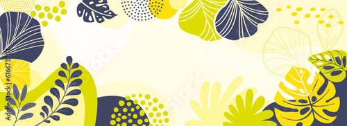 Design banner frame background .Colorful poster background vector illustration.Exotic plants, branches,art print for beauty, fashion and natural products,wellness, wedding and event.