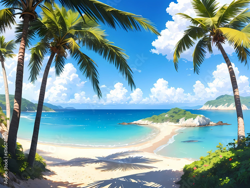 夏の海と砂浜_アニメのようなイラスト（Generative AI）