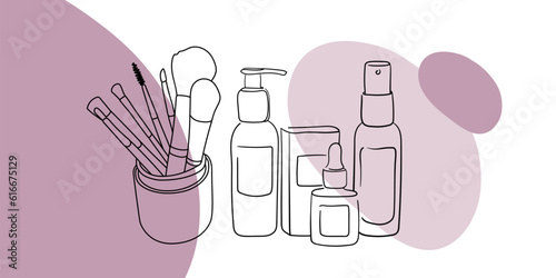 Cosmetics outline. Eyeliner makeup continuous one line drawing. Decorative product cosmetics on pink background