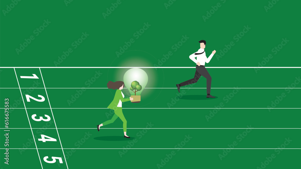 A businesswoman runs and holds a tree light bulb on a racetrack, attention from employee. ESG competition idea, Environmental policy, Green business, Sustainable, world and natural concern concept. A businesswoman runs and holds a tree light bulb on a racetrack, attention from employee. ESG competition idea, Environmental policy, Green business, Sustainable, world and natural concern concept.