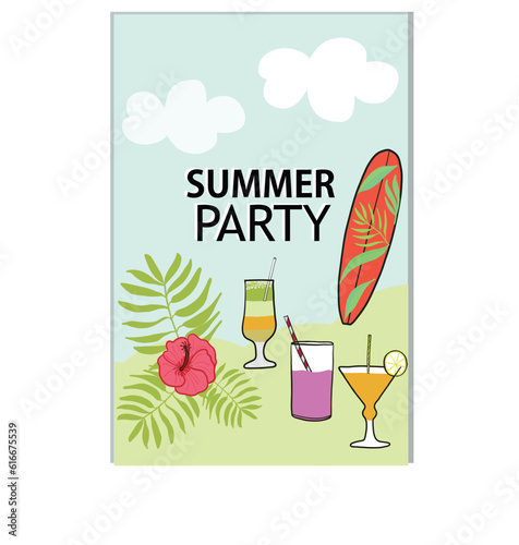 Summer Party greeting card with fruit cocktails  skater and tropical flowers