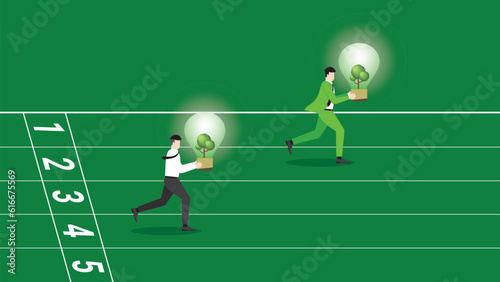 Businessman and employee, run and hold a tree light bulb on a racetrack. ESG competition idea, Environmental policy,  Eco-friendly, Sustainable, and Green business, World and natural concern concept. © kora_sun