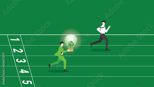 A lead businessman runs and holds a tree light bulb on a racetrack, attention from employee. ESG competition idea, Environmental policy, Green business, Sustainable, world and natural concern concept. © kora_sun