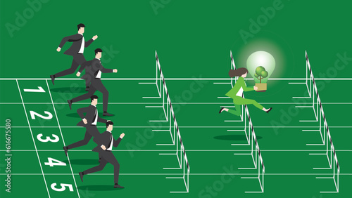 A businesswoman holds a tree light bulb, runs and jumps over obstacles on a racetrack. Idea of ESG competition, Environmental policy, Green business, Eco-friendly, Sustainable, and concern concept.