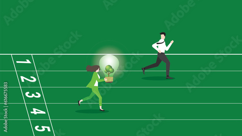 A businesswoman runs and holds a tree light bulb on a racetrack, attention from employee. ESG competition idea, Environmental policy, Green business, Sustainable, world and natural concern concept. © kora_sun