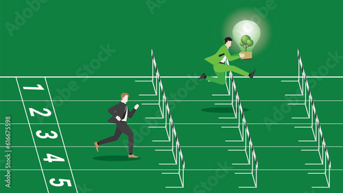 A lead businessman holds a tree light bulb, runs and jumps over obstacles on a racetrack. Idea of ESG competition, Environmental policy, Green business, Eco-friendly, Sustainable, and concern concept.