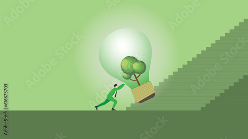A businessman pushes a big tree lightbulb, steps up a stair. ESG idea, Renewable, Alternative energy, Environmental policy, Net zero emission, Carbon footprint reduction, Sustainable, Green concept.