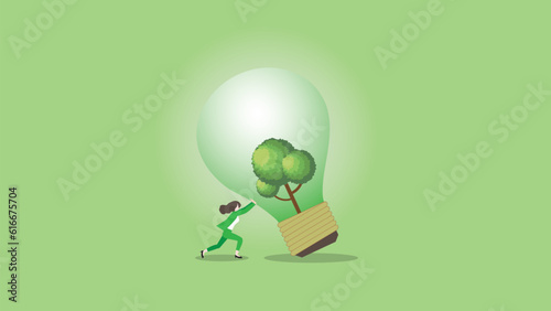 A businesswoman pushes a big tree lightbulb. ESG idea, Renewable, Alternative energy, Environmental policy, Net zero emission, Carbon footprint reduction, Sustainable, Eco-friendly, and Green concept.