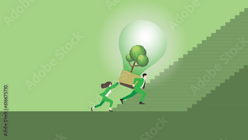 A business team push a big tree lightbulb, Step up a stair. ESG idea, Renewable, Alternative energy, Environmental policy, Net zero emission, Carbon footprint reduction, Sustainable, Green concept.