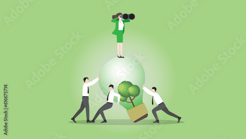 Visionary businesswoman uses binoculars on a tree lightbulb with team support. Look for ESG business idea, Environmental policy, Green energy, Eco-friendly, Sustainable and Nature concern concept.