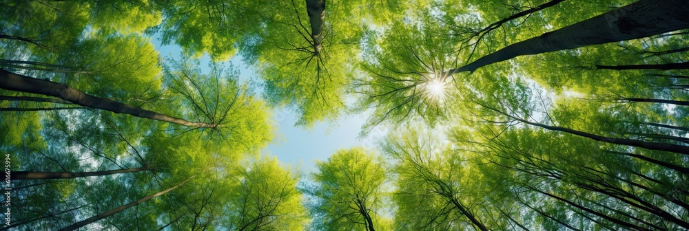 Nature's harmony. Tall trees in the forest canopy and sky in vibrant green