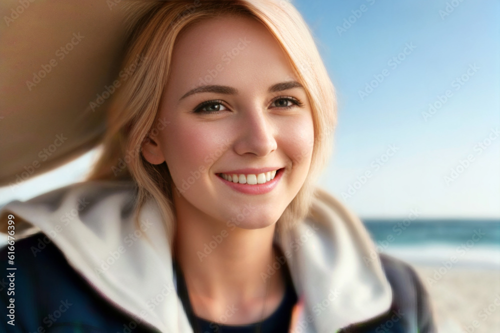 Close-up portrait of an adult beautiful woman on the sea coast on vacation. Generative AI Close-up portrait of an adult beautiful woman on the sea coast on vacation. Generative AI
