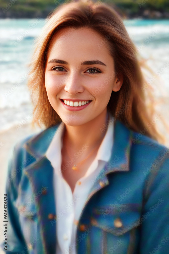Close-up portrait of an adult beautiful woman on the sea coast on vacation. Generative AI