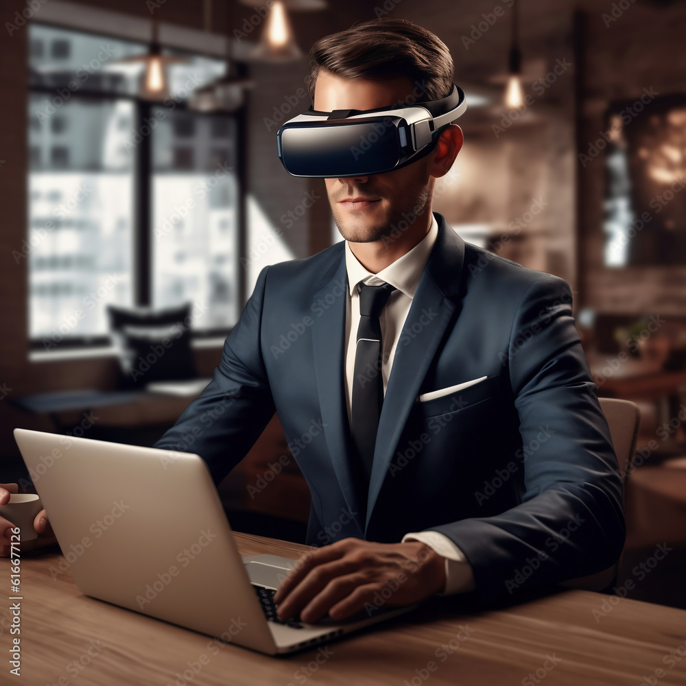Handsome young businessman wearing virtual reality goggles while working in cafe (ki generated, persons are not real, persons also ki generated.)