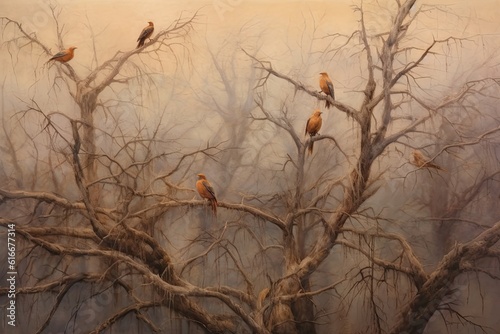 realistic scene of birds perched on tree branches, singing their melodious tunes. oil paints to create a rich texture that brings out the subtle details of their feathers