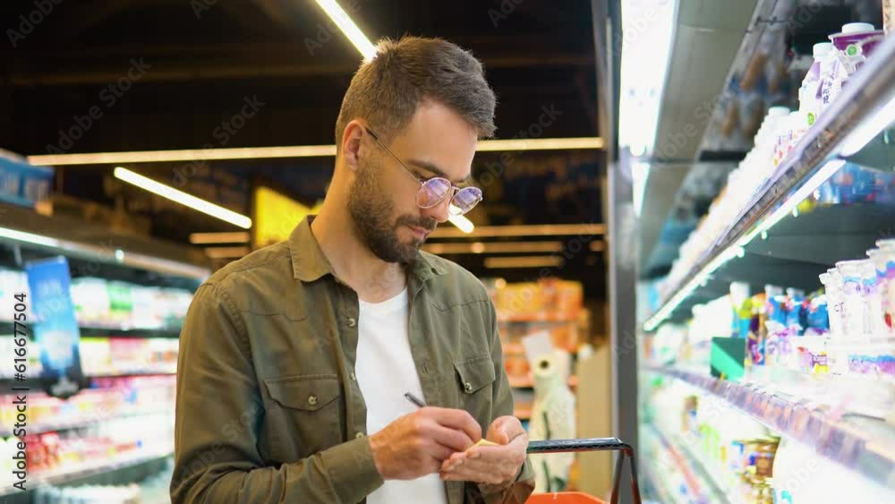 Man writing in his notepad in aisle at supermarket. A man makes notes in the shopping list Man writing in his notepad in aisle at supermarket. A man makes notes in the shopping list