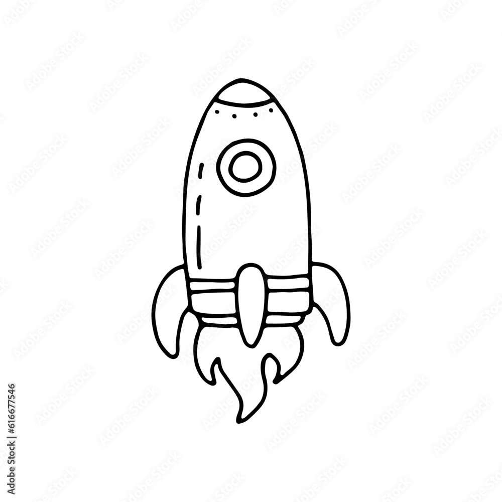 Rocket. Aircraft with a jet engine. Space. Doodle. Vector illustration. Hand drawn. Outline. Rocket. Aircraft with a jet engine. Space. Doodle. Vector illustration. Hand drawn. Outline.