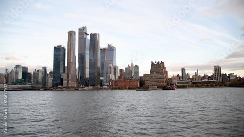 Modern skyline of Midtown Manhattan from a moving boat on the Hudson River