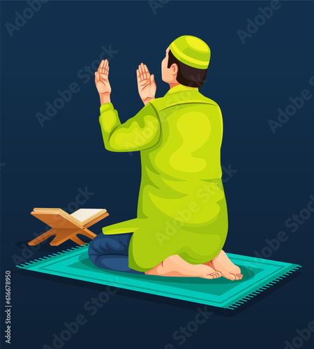 illustration of a Muslim man sitting in front of Quran and praying and making duas during holy month of Ramadan. The concept is Islam, Dua, religion, and worship.