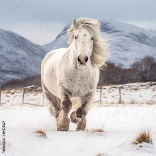 A highland pony gallops across snowy fields in the rural highlands of Scotland
