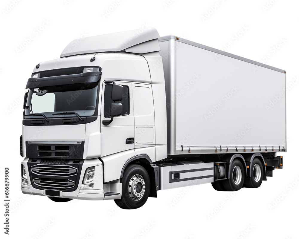 White modern European truck isolated on transparent background, Cargo cab and semi-trailer, concept of trucking, supply chain, transit, moving, shipping, delivery, front side view. generative ai